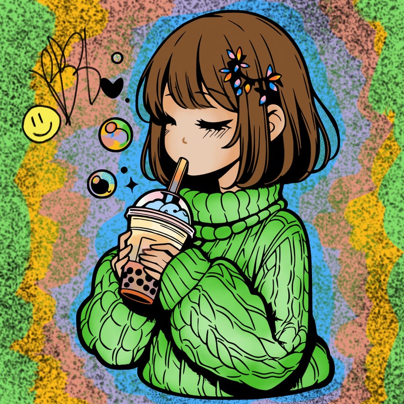 manga girl drinking boba in cozy sweater
