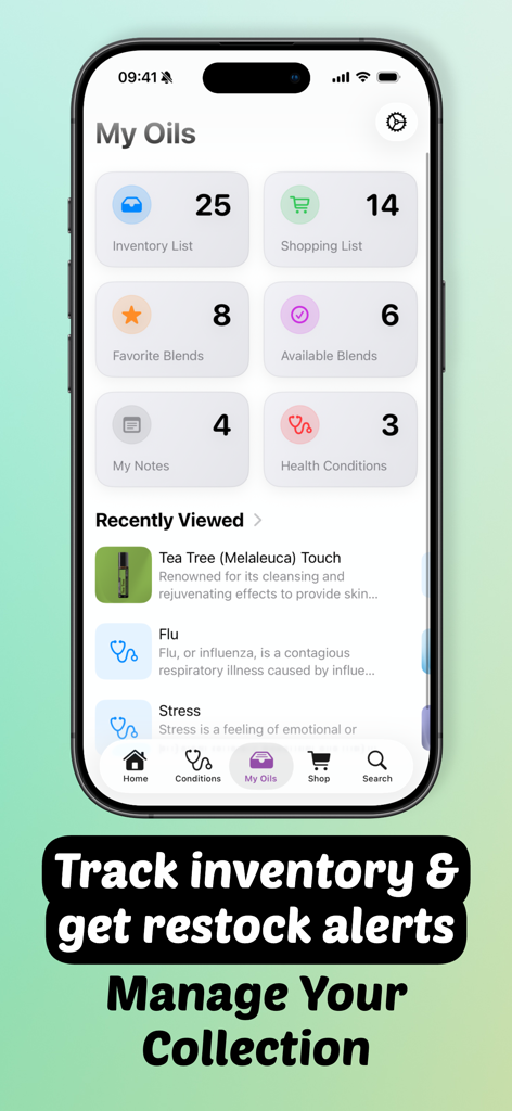 Essential Oils Guide - doTERRA - Interface of the Essential Oils Guide app showing the My Oils dashboard with inventory and shopping list tracking