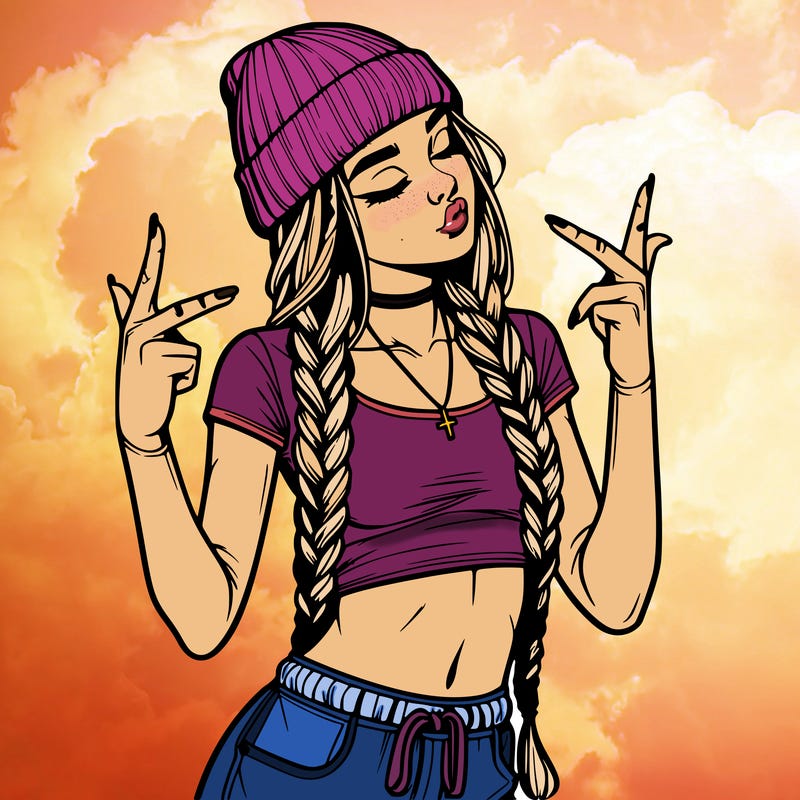 realistic teenage girl with braids and a beanie and crop top doing 🫶🏼