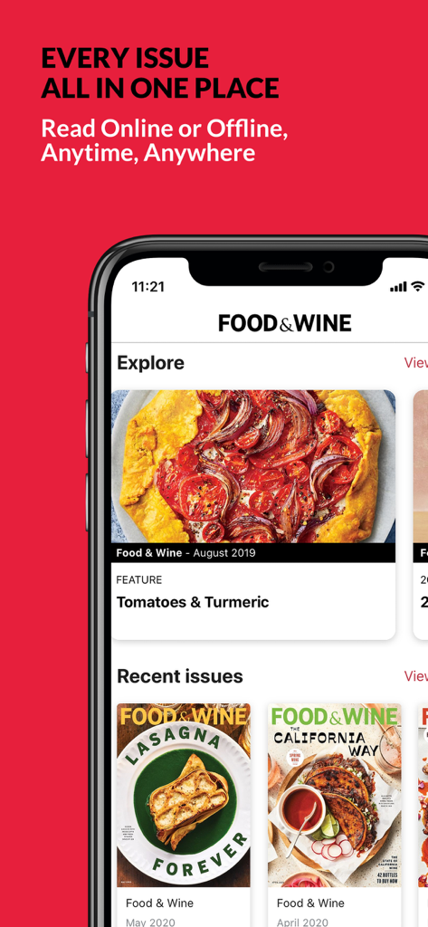FOOD & WINE - Um smartphone exibindo o aplicativo Food and Wine com várias edições de revista e recursos de receita.