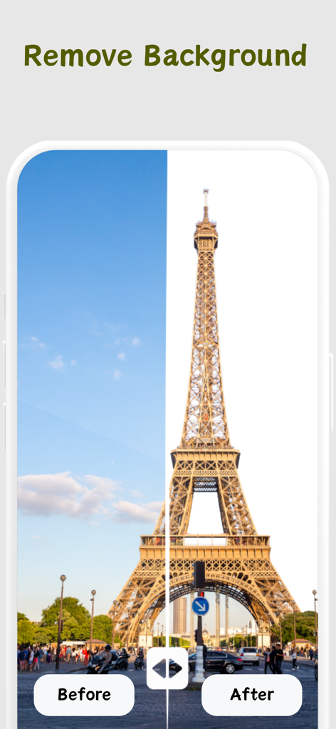 Before and after comparison of removing the background from a photo of the Eiffel Tower