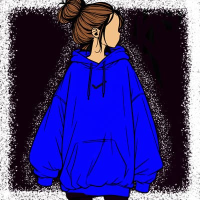 realistic girl with a oversized sweatshirt on and a bun