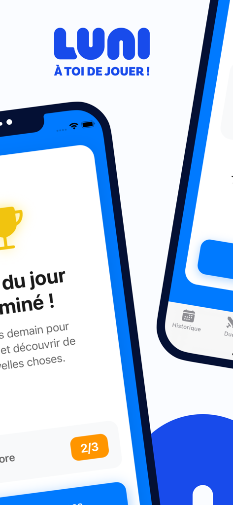 Luni - Quiz quotidien - Interface of the Luni app showing a completed daily quiz screen with a score of two out of three.
