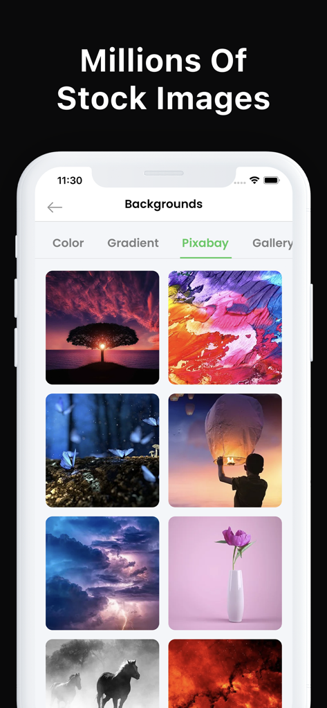 Poster Maker + Flyer Creator - Una interfaz móvil que muestra una variedad de imágenes de stock de alta calidad disponibles para fondos en una aplicación de diseño de pósters