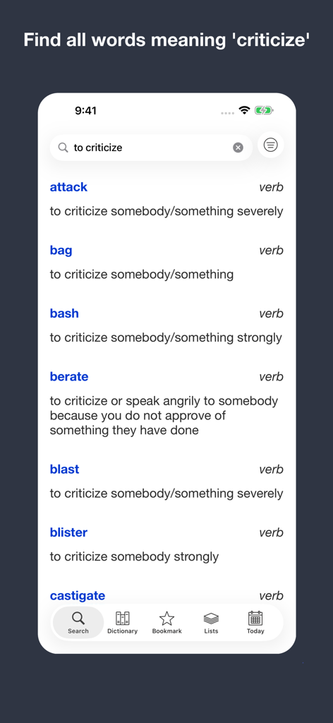 English Meaning Dictionary - English Meaning Dictionary app showing reverse search results for the phrase to criticize.