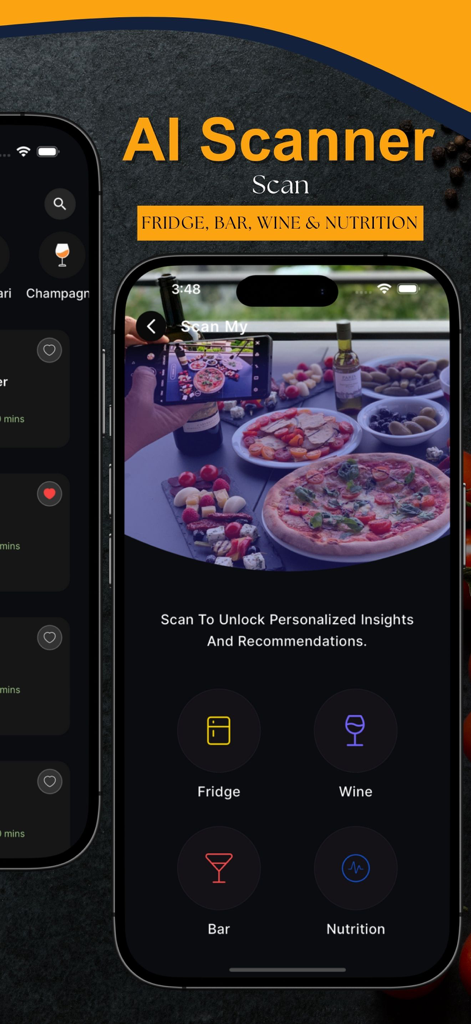 EAT app AI scanner interface showing options to scan fridge, wine, bar, and nutrition for personalized recommendations