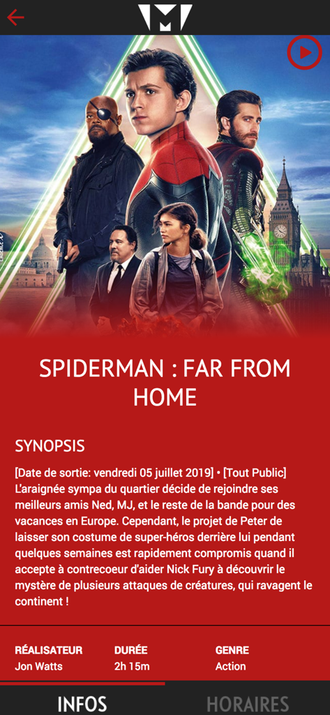 Majestic Cinema CI - Majestic Cinema CI 앱 화면에 스파이더맨: 파 프롬 홈 줄거리와 영화 세부 정보 표시