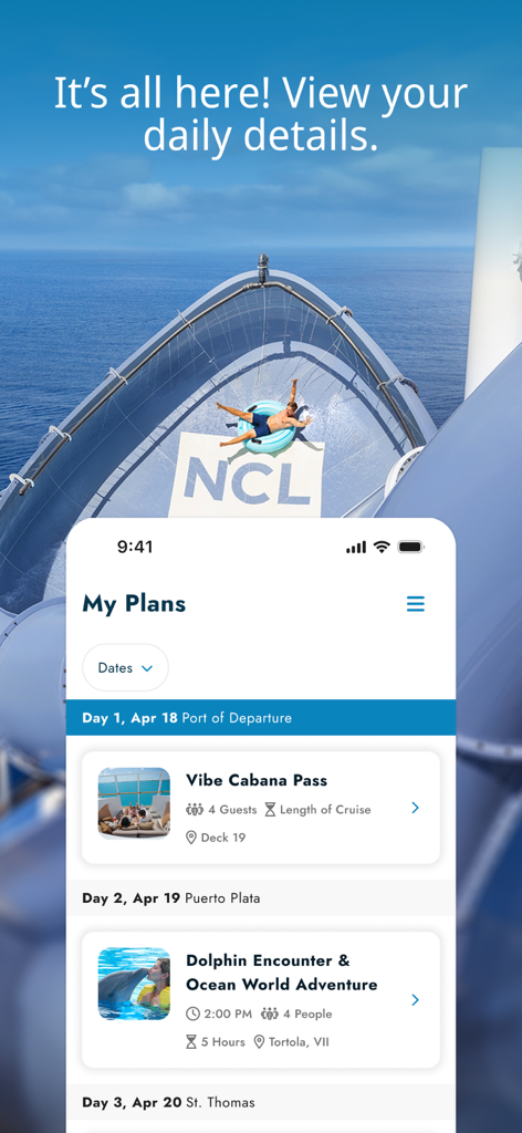 Norwegian Cruise Line - Teléfono inteligente que muestra la función Mis Planes de la aplicación Norwegian Cruise Line con un itinerario de crucero diario.