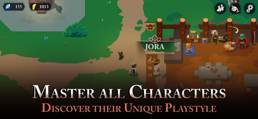 Une scène en pixel art du jeu Endless Wander montrant le maître de guilde Jora et des personnages dans une salle de guilde