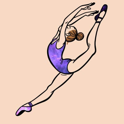 gymnast doing a leap in a leotard with a bent back leg