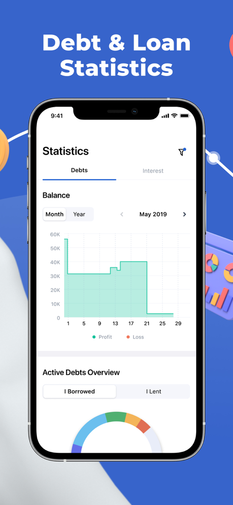 Saldo app dashboard showing financial statistics with a debt balance graph and active debts overview