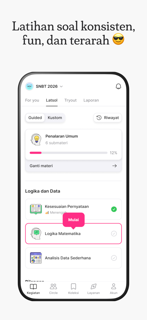 Analitica: Bantu Lolos Seleksi - Analitica app showing a list of practice topics for Indonesian selection exams