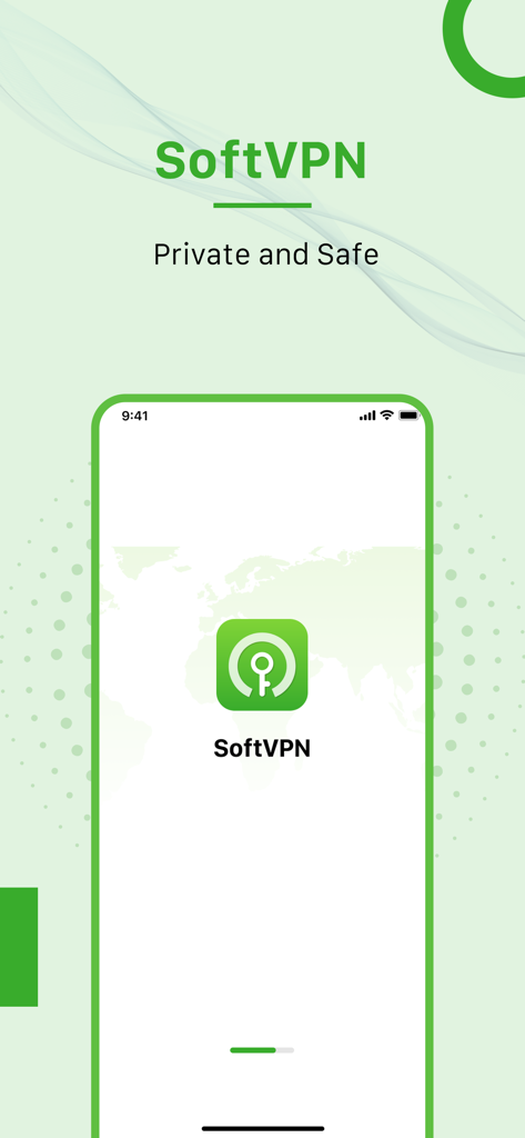 SoftVPN mobile app splash screen featuring the tagline Private and Safe