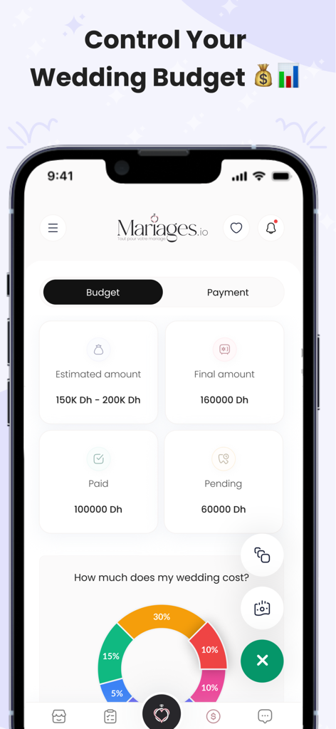 Écran de suivi du budget de mariage dans l'application Mariages.io affichant les dépenses et un graphique de répartition du budget