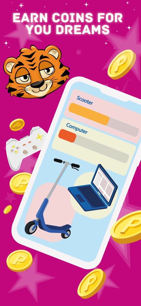 Tigrow! by Kid Security - Tigrowアプリの報酬画面。コインとお子様の進捗状況（スクーターやコンピューターなどの目標達成に向けて）が表示されています。