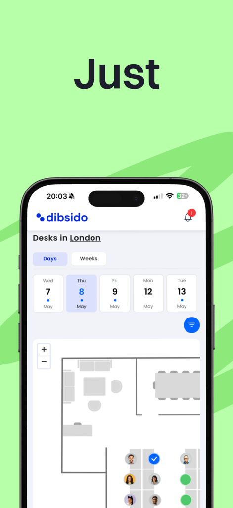 Dibsido - Dibsido mobile app screen showing a desk booking floor plan and calendar for hybrid work management