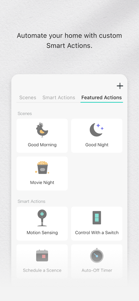 Kasa Smart app interface showing custom home automation scenes and smart actions