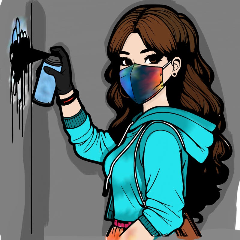 realistic girl with mask spray painting a wall