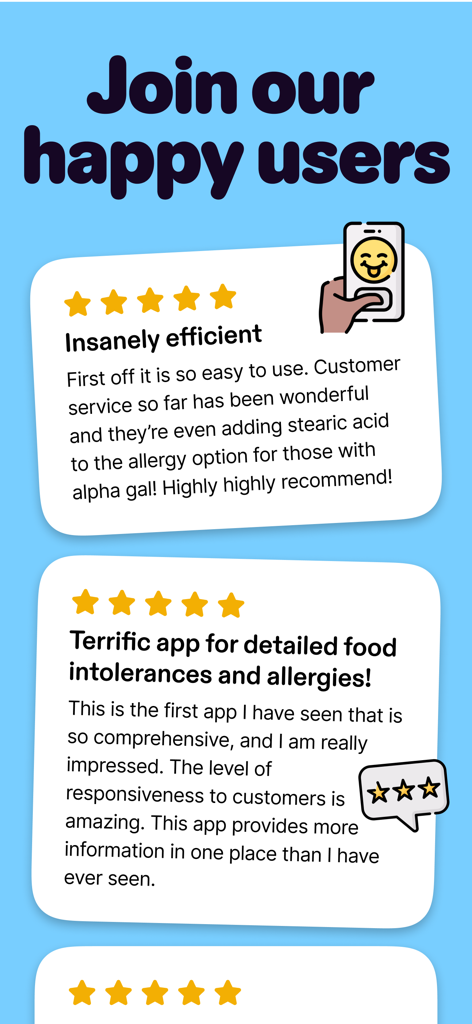 FODMAP & Allergy: InTolerApp - Reseñas positivas de usuarios y calificaciones de cinco estrellas para el escáner de alergias e intolerancias alimentarias InTolerApp.