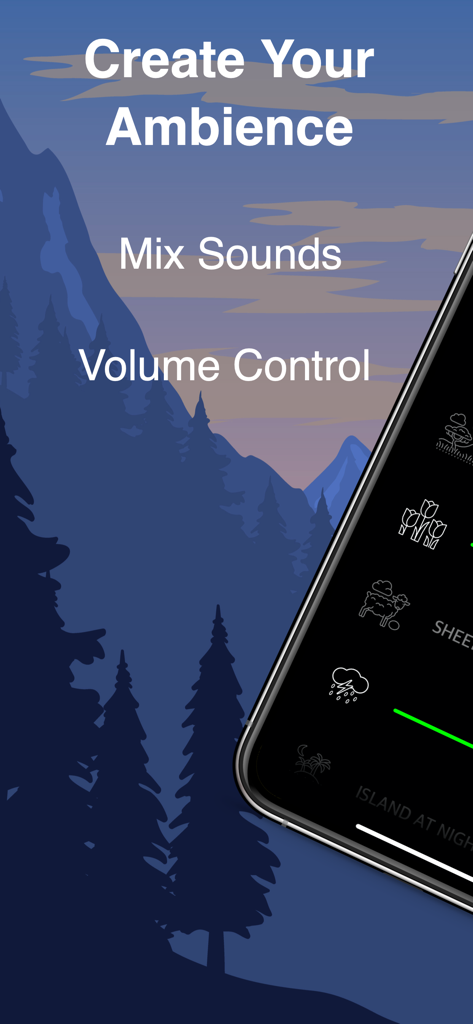 Nature Sounds : Sleep & Relax - Captura de pantalla de la interfaz de la aplicación Sonidos de la Naturaleza que muestra opciones de mezcla de sonido y control de volumen.
