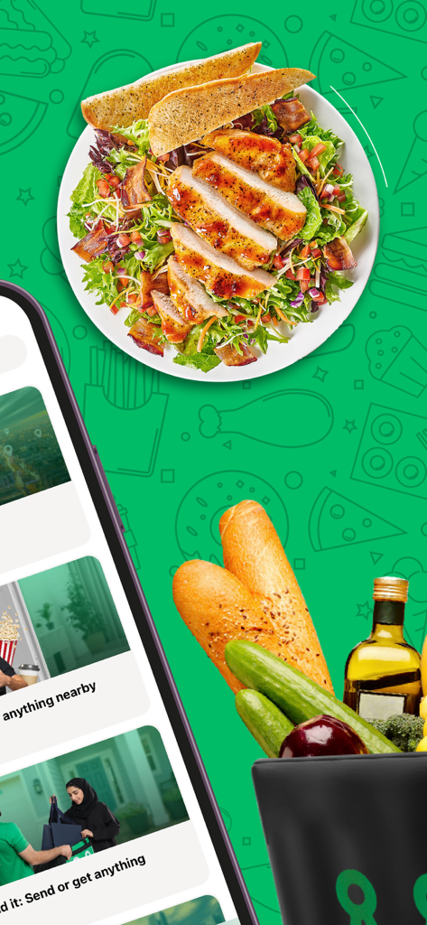 MRSOOL APP | تطبيق مرسول - MRSOOL app interface showing food and grocery delivery options including a chicken salad and fresh vegetables