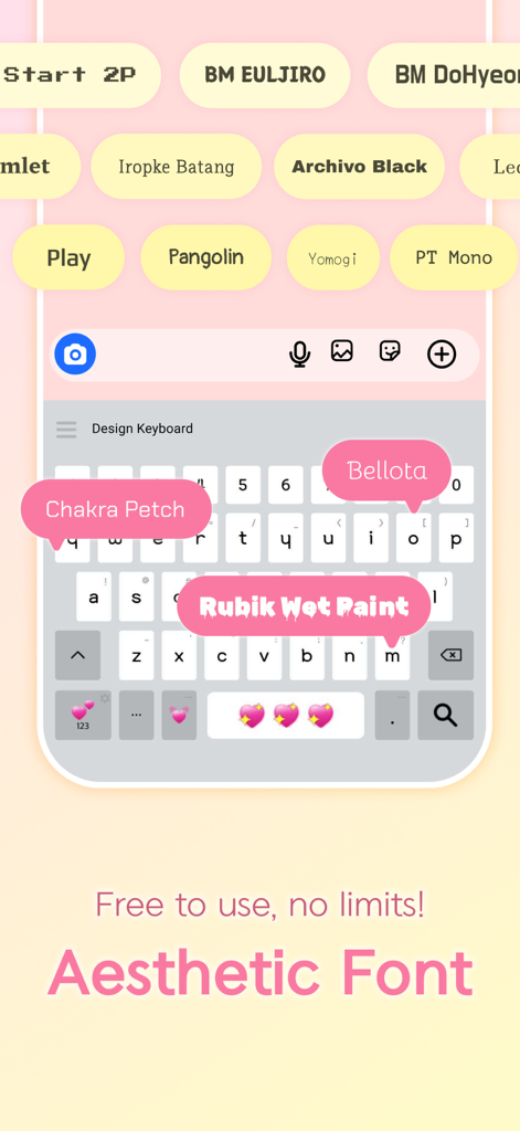 Design Keyboard - Theme, Emoji - A mobile app interface showcasing various aesthetic keyboard fonts like Bellota and Rubik Wet Paint