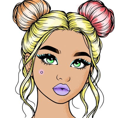 realistic girl with two buns on her hair and lips