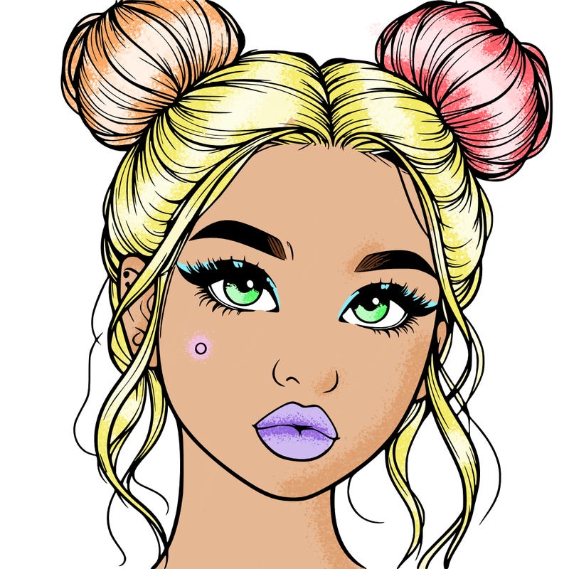 realistic girl with two buns on her hair and lips