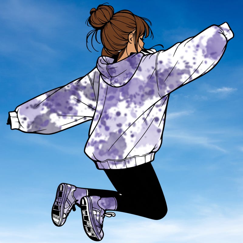 realistic girl jumping with a bun and oversized sweatshirt