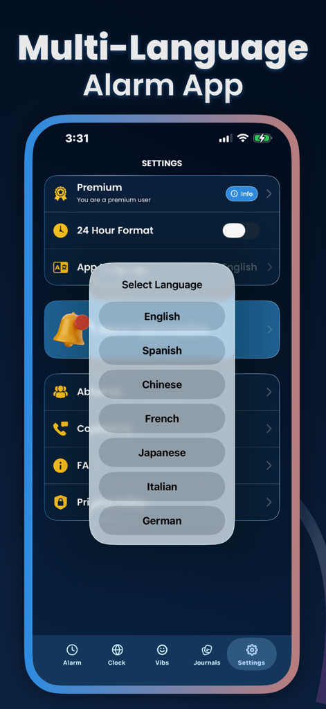 Alarm Clock Svegliare - A smartphone displaying the multi-language selection menu in the Alarm Clock Svegliare settings, showing options for English, Spanish, Chinese, and French.