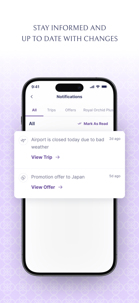 Thai Airways - Pantalla de notificaciones de la aplicación móvil Thai Airways que muestra alertas de vuelos y promociones.