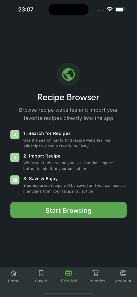 Instructional screen for the Recipe Browser feature in the Only Recipe mobile app showing how to search and import recipes.