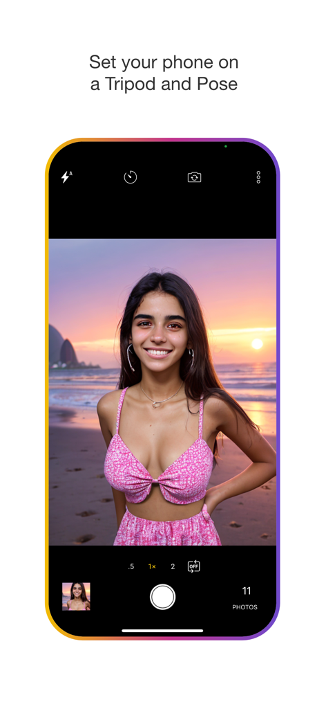 PhotoBot - Endless timer cam - Interfaz de la cámara de la aplicación PhotoBot mostrando a una mujer posando en una playa con un trípode y texto instructivo
