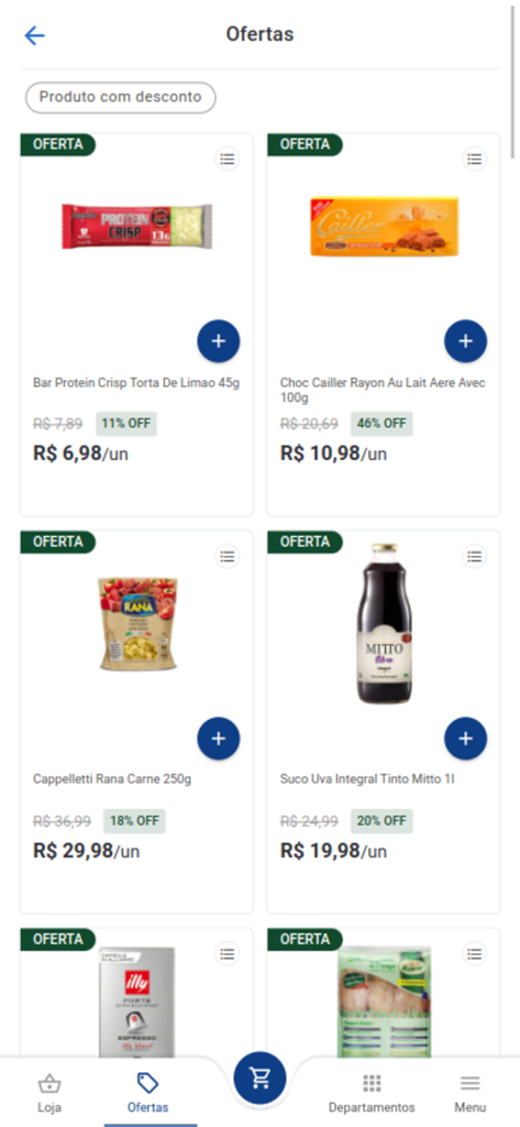 Emporio Hortisabor - Emporio Hortisabor app screen showing discounted grocery products like protein bars and grape juice