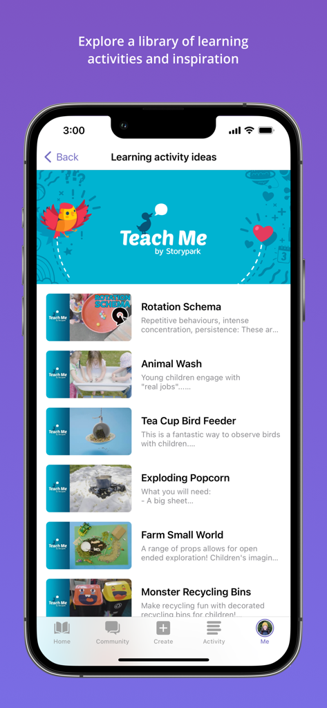 Mobile app screen showing a library of early childhood learning activities and educational ideas.