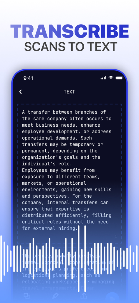 Mobile app interface showing a document being transcribed from a scan into editable text with audio visualization