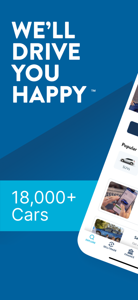Carvana: Buy/Sell Used Cars - Carvana mobile app interface showcasing a selection of over 18,000 used cars for sale.