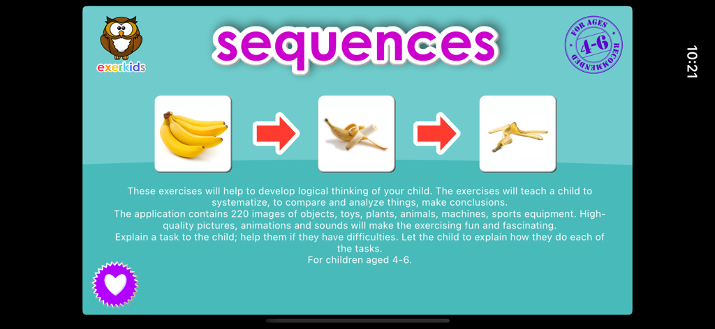 Sequences for Kids Pro - Educational screen from Sequences for Kids Pro showing a three step banana peeling logical sequence