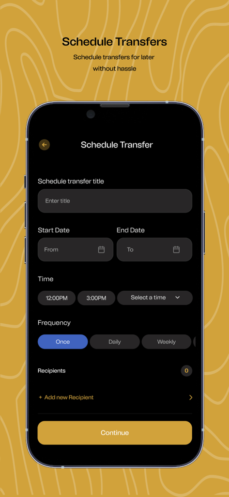 Mintyn mobile app screen showing the interface to schedule money transfers with options for date, time, and frequency.