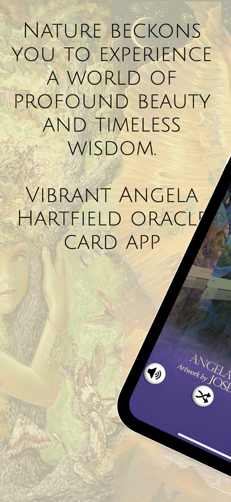 Nature's Whispers Oracle - Tela promocional do aplicativo Nature's Whispers Oracle com arte de natureza etérea de Josephine Wall