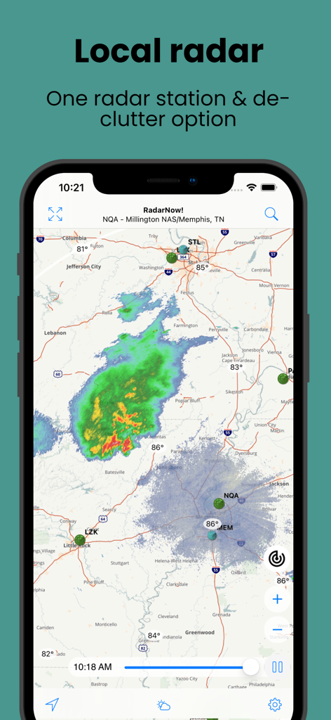 RadarNow app interface showing local weather radar map with precipitation in the Memphis region