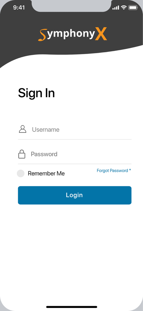 SymphonyX - Pantalla de inicio de sesión de la aplicación SymphonyX con campos para nombre de usuario y contraseña