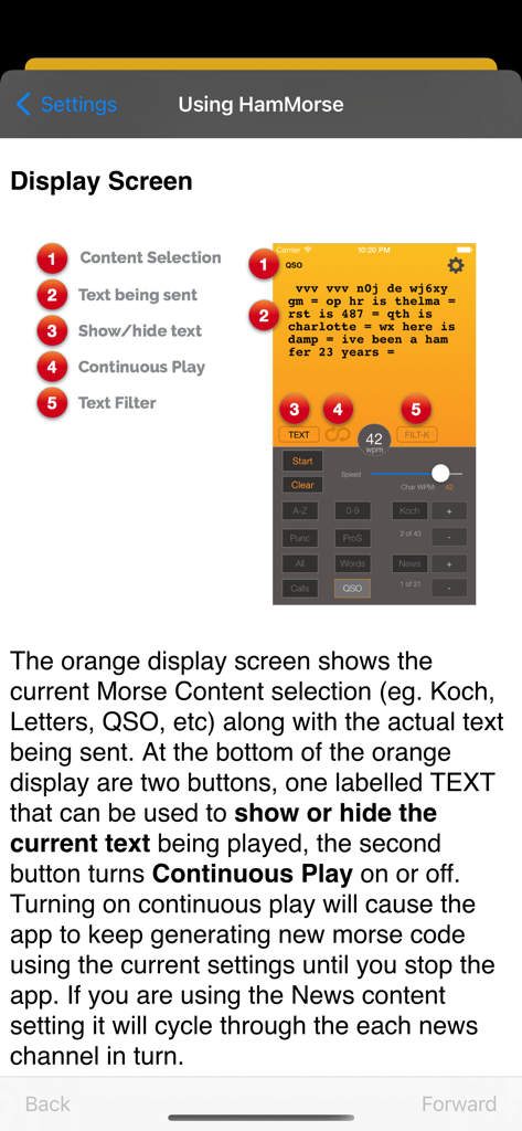 Ham Morse - A tutorial page explaining the display screen and controls of the Ham Morse application