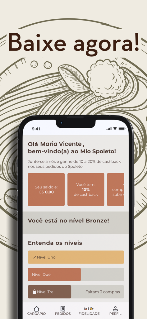 Interfaz de la app Spoleto que muestra los niveles del programa de fidelidad y las recompensas de reembolso para el usuario.