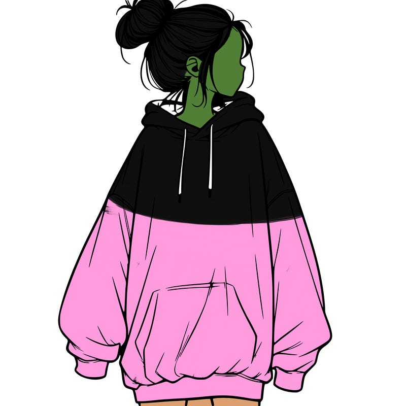 realistic girl with a oversized sweatshirt on and a bun