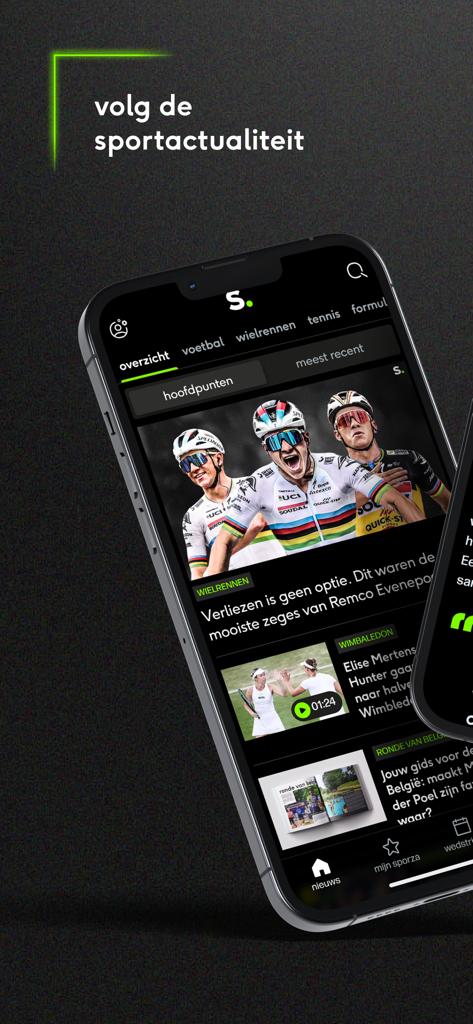 Sporza - Sporza mobile app interface showing sports news headlines for cycling and tennis in Dutch