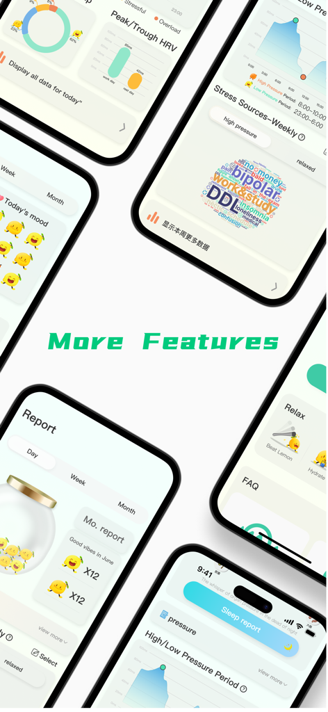 Collage of LemonHRV app screens showing stress source word clouds mood tracking and health reports