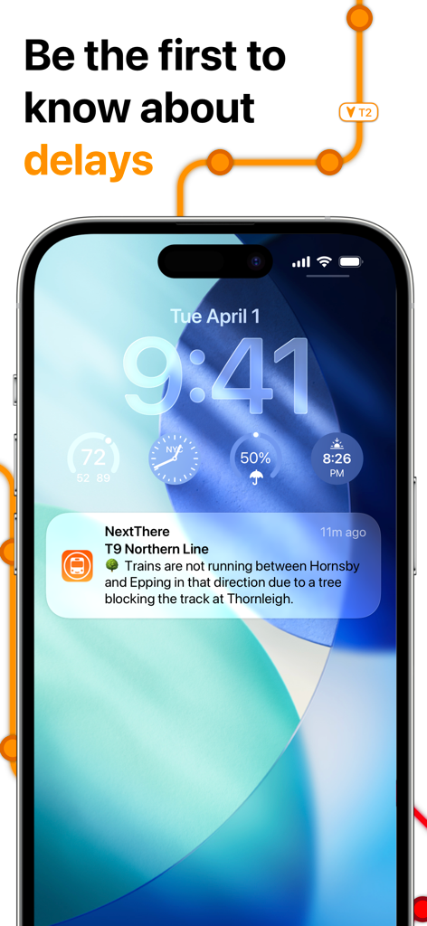NextThere - NextThere app notification on an iPhone lock screen showing a real-time transit delay alert for the Northern Line