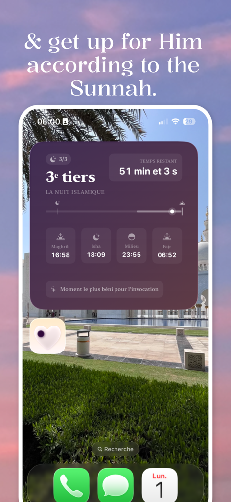 Fajr O'Clock - Alarm & Salat - An iPhone home screen featuring a Fajr O'Clock widget that tracks the third of the night and upcoming prayer times like Maghrib, Isha, and Fajr.