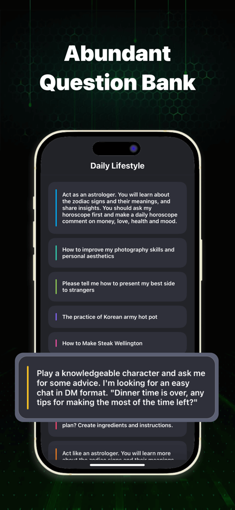 AI Chatbot - Chat Companion - Écran de l'application Chatbot IA montrant une collection de suggestions de prompts pour le style de vie quotidien